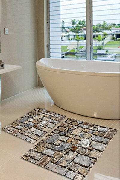 PRINTOPIA Stone Wall Patterned Non-Slip Washable Bathroom Mat Set