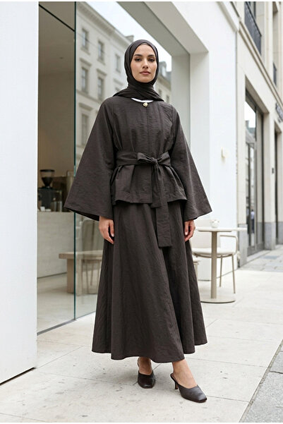 MODAQU Single Button Double Suit with Belt Detail and Skirt - Brown