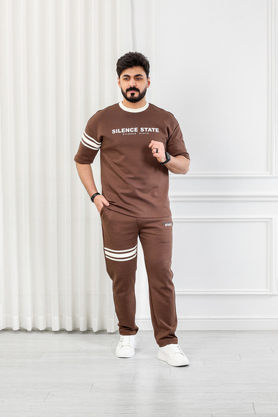 BSY Men's Oversize Set with Short Sleeves and Long Pants, Decorated with Hori...