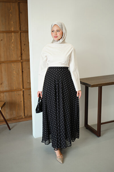 LOCCO Γυναικεία φούστα σιφόν με λεπτομέρειες πουά σε μαύρο χρώμα