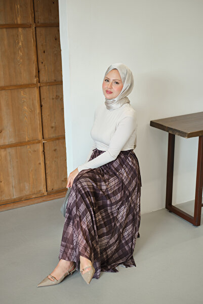 LOCCO Women's Plaid Patterned Chiffon Skirt with Stitching and Side Lace Deta...