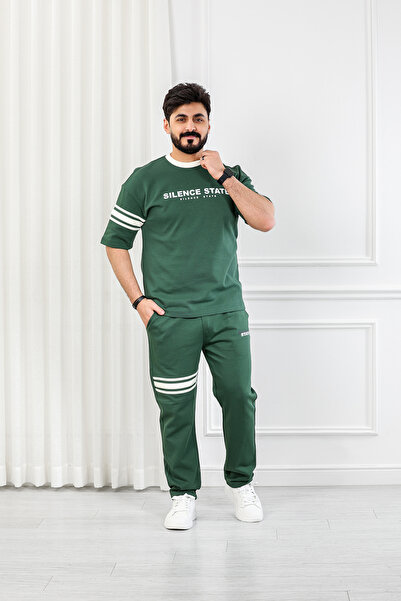 BSY Men's Oversize Set with Short Sleeves and Long Pants, Decorated with Hori...