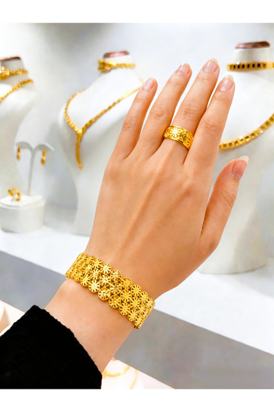 SAMGE Gold floral pattern bracelet and ring set, women's luxury daisy pattern...