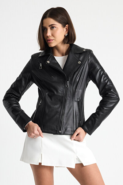 gorgitino Women's Genuine Leather Jacket Black Color
