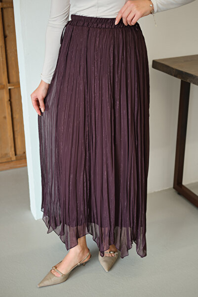 LOCCO Women's Side Lace Detail Glittery Chiffon Skirt Plum