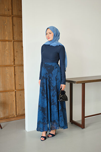 LOCCO Women's Floral Pattern Lined Chiffon Skirt Navy Blue