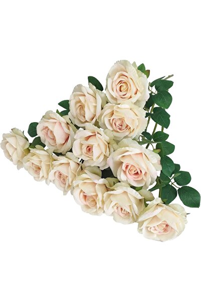 Slasa زهور ورد صناعية 20 قطعة، باقة حريرية بيج طويلة الساق 17.7×4 بوصة لتزيين...