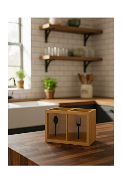 CİHO Bamboo Countertop Decorative 2-Compartment Upright Spoon Holder, Kitchen...