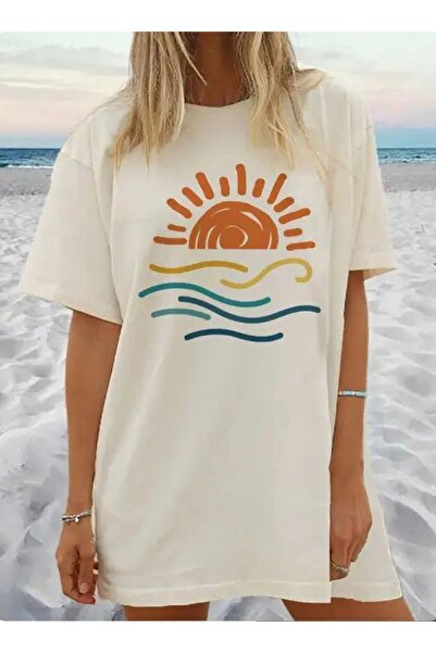 Gisha Tricou alb din bumbac cu imprimeu Sun & Wave pentru femei și bărbați, u...