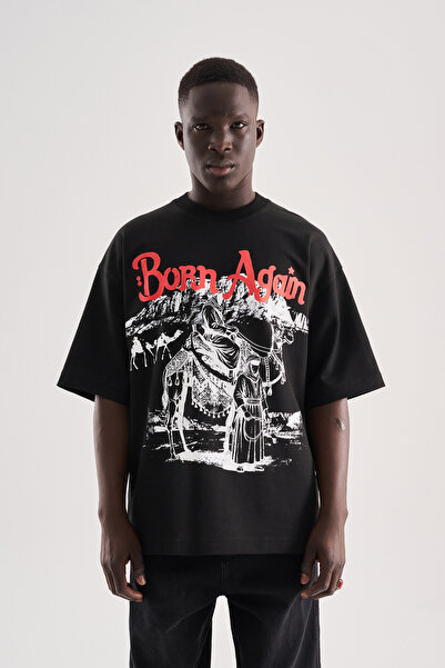 Machinist Erkek Born Again High Printed Oversize Tişört Siyah