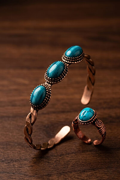 OSMANLI GÜMÜŞ Women's Copper Bracelet Ring Set - Turquoise Natural Stone Mode...