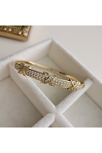 LENTE AKSESUAR Lüks Seri Zirkon Taşlı X Model Gold Kelepçe