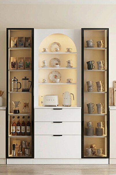 benim odam Diva Ledli 1 Kapılı (2 Adet) Cam Kapaklı Açık Oval Raflı Kahve Köş...