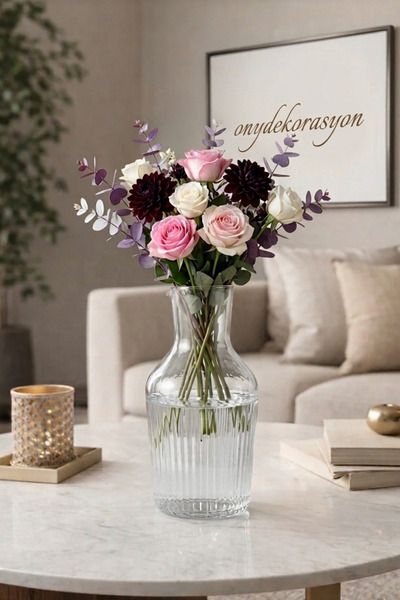 decoronay Dekoratif Cam Vazo 21 cm – Çizgili Şeffaf Modern Çiçeklik | Minimal...