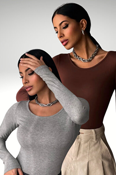 Bipantolon ياقة الأميرة باللون البني الداكن والرمادي الفاتح للنساء