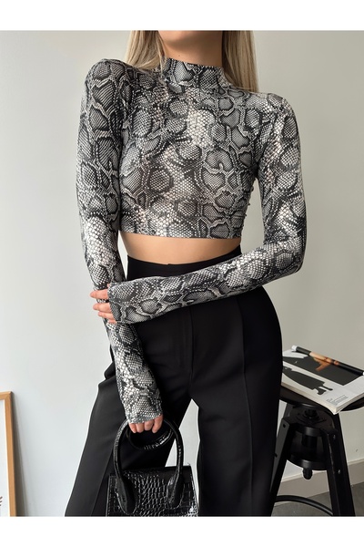 peralist Women's Gray Snake Pattern Backless Tie Detailed High Neck Long Slee...