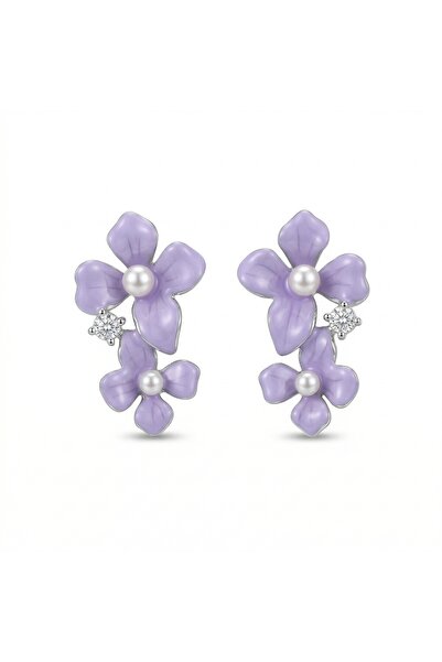 KOREA Women's Earrings Double Lilac Flower, Hypoallergenic Stainless Steel, w...