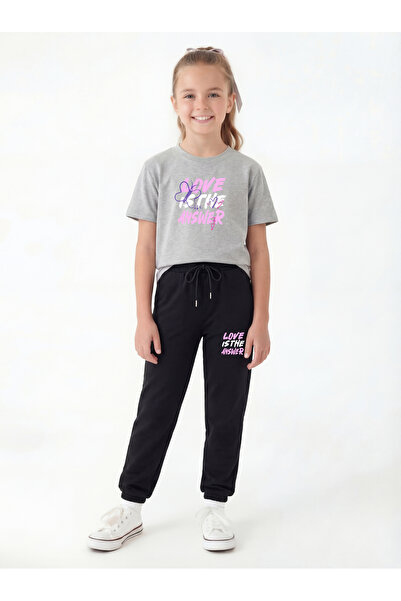 FYK COLLECTİON Round Neck T-Shirt Long Sweatpants Print Detailed Girls' Top a...