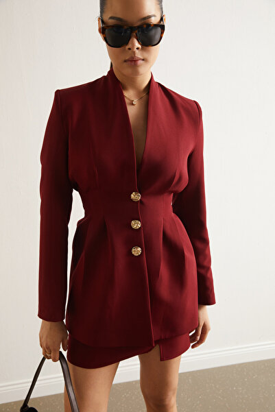 Swass Pins Detailed Jacket & Skirt Set Burgundy