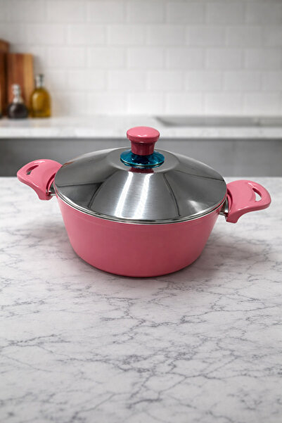 Rivorn Üzm 24 cm Cast Iron Deep Pot 4 Lt Metal Lid 4mm Thickness-Pink