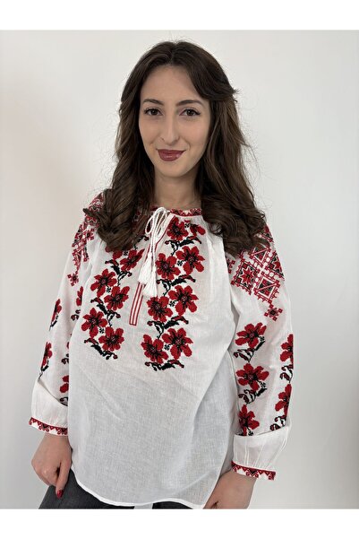OEM Traditional Women's Blouse with Red Embroidery