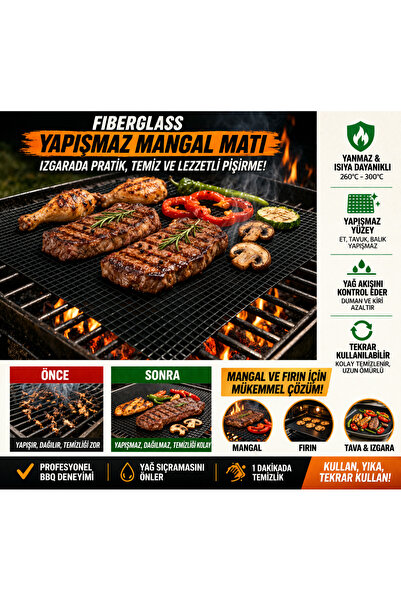 Rivorn Fiberglas Barbekü Teli 40x50 CM Yanmaz Yapışmaz Izgara Matı Yıkanabilir