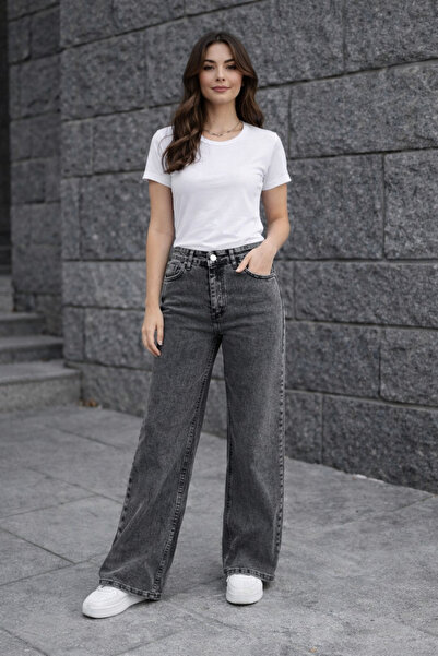 ZÉRIA Smoked Snow Washed Palazzo Jean High Waist Wide Leg Women's Trousers