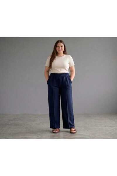 BETES Women's Large Size Crepe Fabric Elastic Waist Pocketed Lycra Wide Leg P...