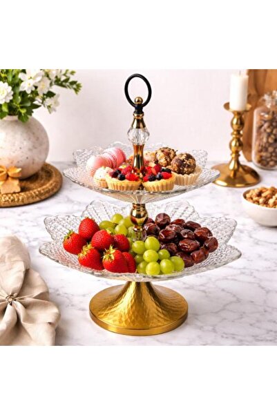 Generic Two-Tier Glass Serving Stand with Golden Base - Luxurious Design