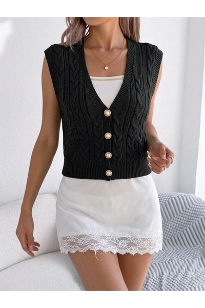 NLT Knitted Detailed Pearl Buttoned V-Neck Trendy Knitwear Vest Women's Sweat...