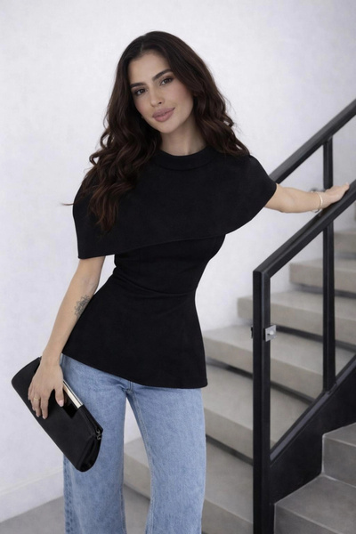 Eka Дамска черна блуза от две части с детайли тип пелерина 0331