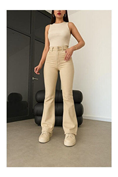 BEES JEANS Γυναικείο Μπεζ Λύκρα Παντελόνι Ισπανικό Τζιν Ψηλόμεσο