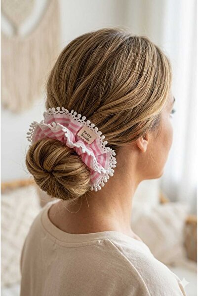 Handmade Betty Bands Pink Striped Lace Edge Oversized Scrunchie Voluminous Bu...