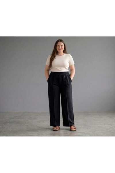 BETES Women's Large Size Crepe Fabric Elastic Waist Pocketed Lycra Wide Leg P...