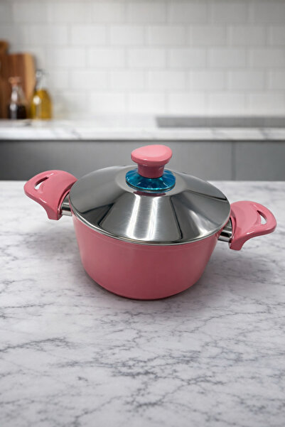 Rivorn Üzm 20 cm Cast Iron Deep Pot 2.5 Lt Metal Lid 4mm Thickness Pink