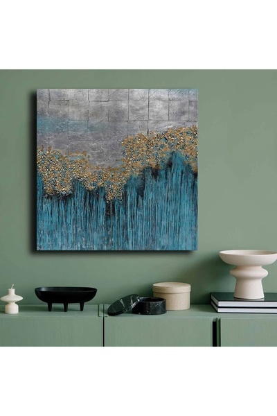 OEM Tablou decorativ Re-Bloom, lemn masiv de pin/pânză, gri/auriu/albastru, 7...