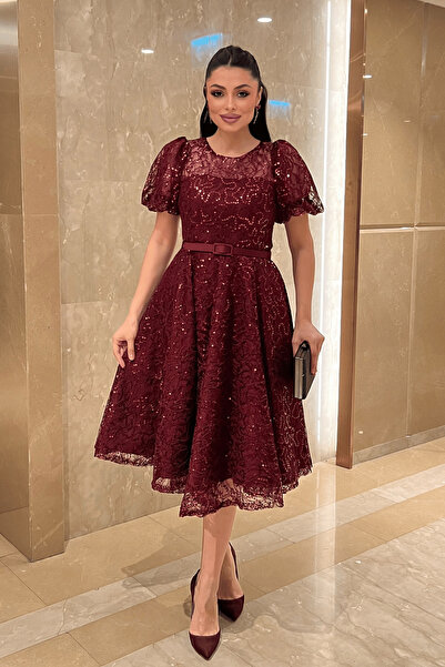 giyimmasalı Sequin Fabric Balloon Sleeve Midi Dress - Bordo
