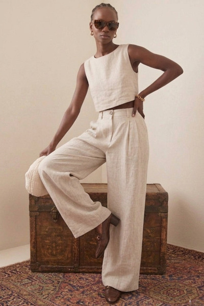 The Champ Clothing Women's Verona Trousers Ecru – High Waist, Pleated Wide Le...