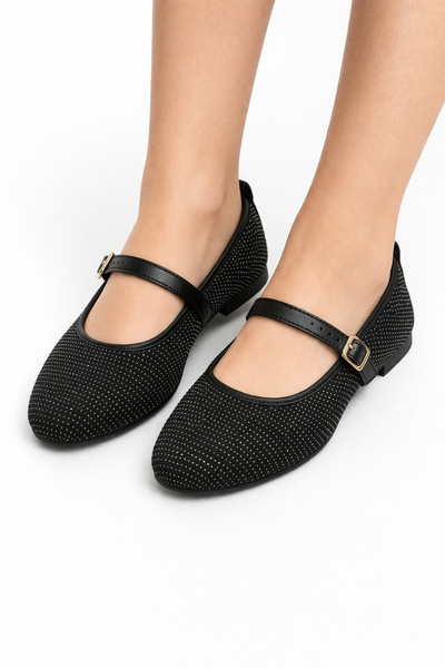 modastilin Γυναικεία παπούτσια μπαλαρίνας MERVY με μαύρη πόρπη και πέτρινη υφ...