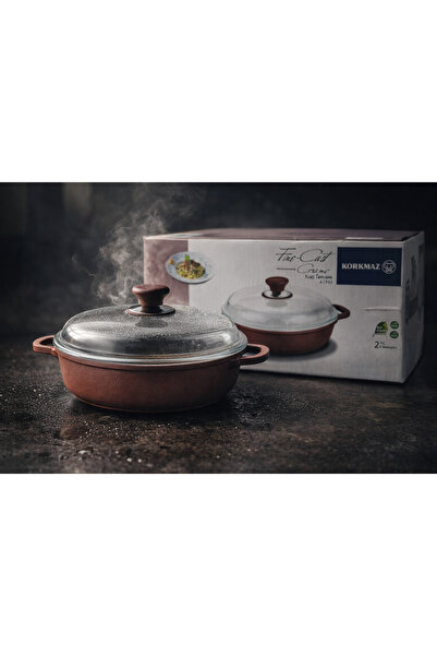 KORKMAZ Korkmaz Fine-Cast Ceramic Low Casserole 28 cm with Glass Lid, 4.3L, Heat-Resistant Ceramic Coating