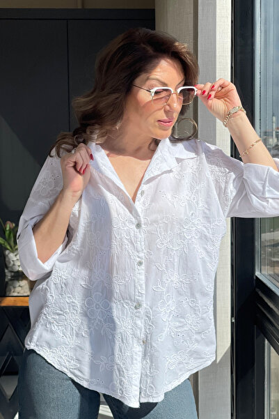 MİSLİNA BUTİK Floral Desen Beyaz Gömlek