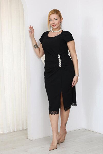 Siyezen Plus Size Draped Evening Dress with Stone Detail