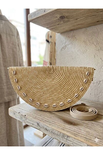 Axesoire NWC-1079 Μπεζ ψάθινη τσάντα με σχέδιο κοχυλιών 39x20 εκ.