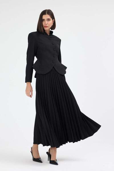Women's Waist Seated Embroidery Detailed Pleated Black Long Skirt & Jacket Set