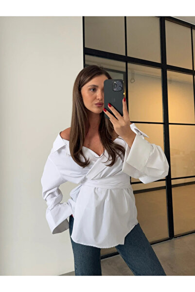 My Blog White Off-Shoulder Tie-Up Poplin Shirt - 3165