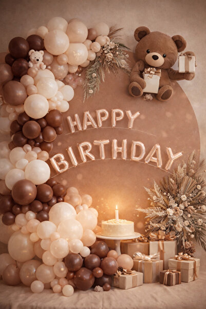 Happyewent Happy Birthday Teddy Bear Balloon Set Brown Beige Concept – Comple...