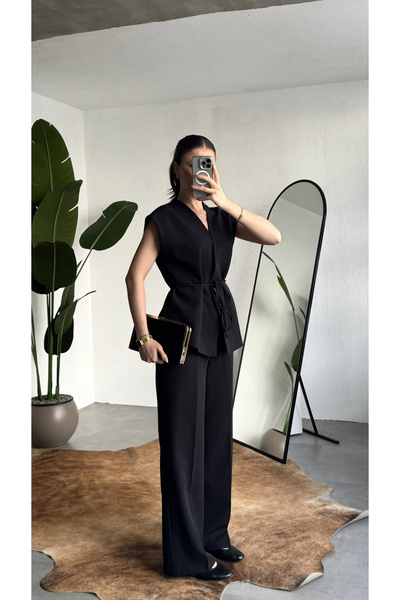 asfamoda Women's Black Buttoned Tie-Up Vest Pleated Palazzo Trousers Set Stylish Two-Piece Set with Tie-Up Detail