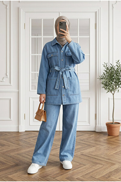 MODAQU Belted Pocket Detailed Double Denim Set - Ice Blue