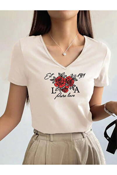 SUNFREE RED FLOWER Tricou cu mânecă scurtă, cu decolteu în V, imprimat, pentr...