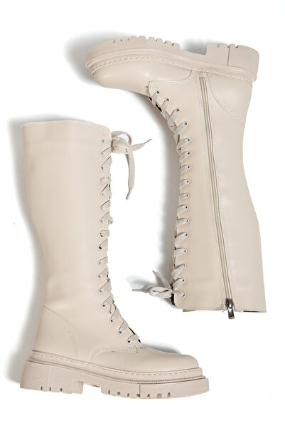 moun shoes حذاء نسائي طويل باللون البيج برباط يصل إلى أسفل الركبة